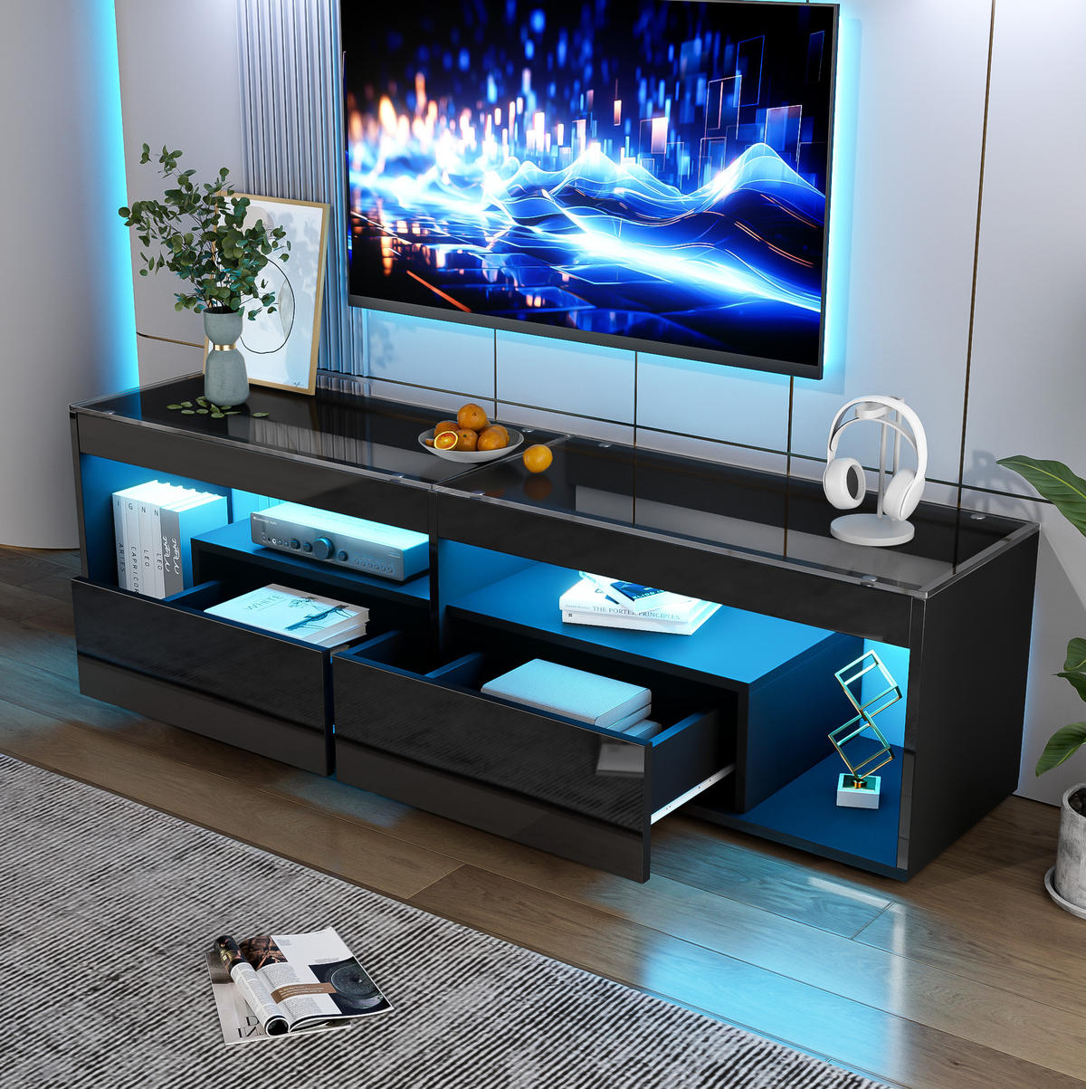 TV-LOWBOARD 180/40/46 cm mit 2 Schubladen und LED-Beleuchtung - Schwarz, Holzwerkstoff (180/46/40cm) - BEAOK