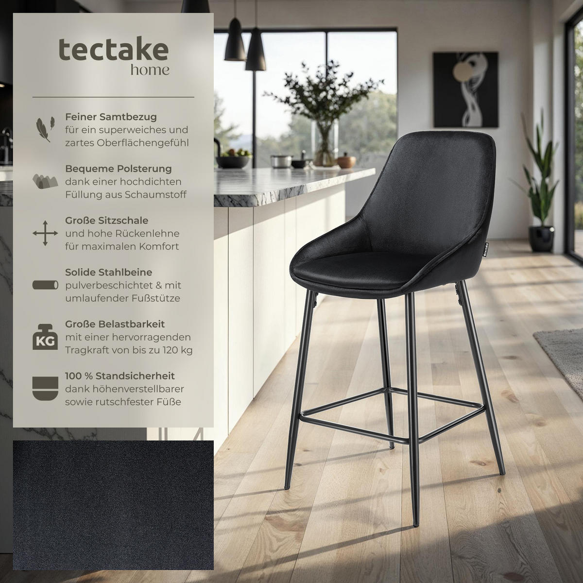 THEKENSTUHL Siera,49 x 54 x 100 cm, Belastbarkeit 120 kg,Samtoptik schwarz/schwarz - Schwarz/Samtahornfarben, Kunststoff (49/100/54cm) - tectake