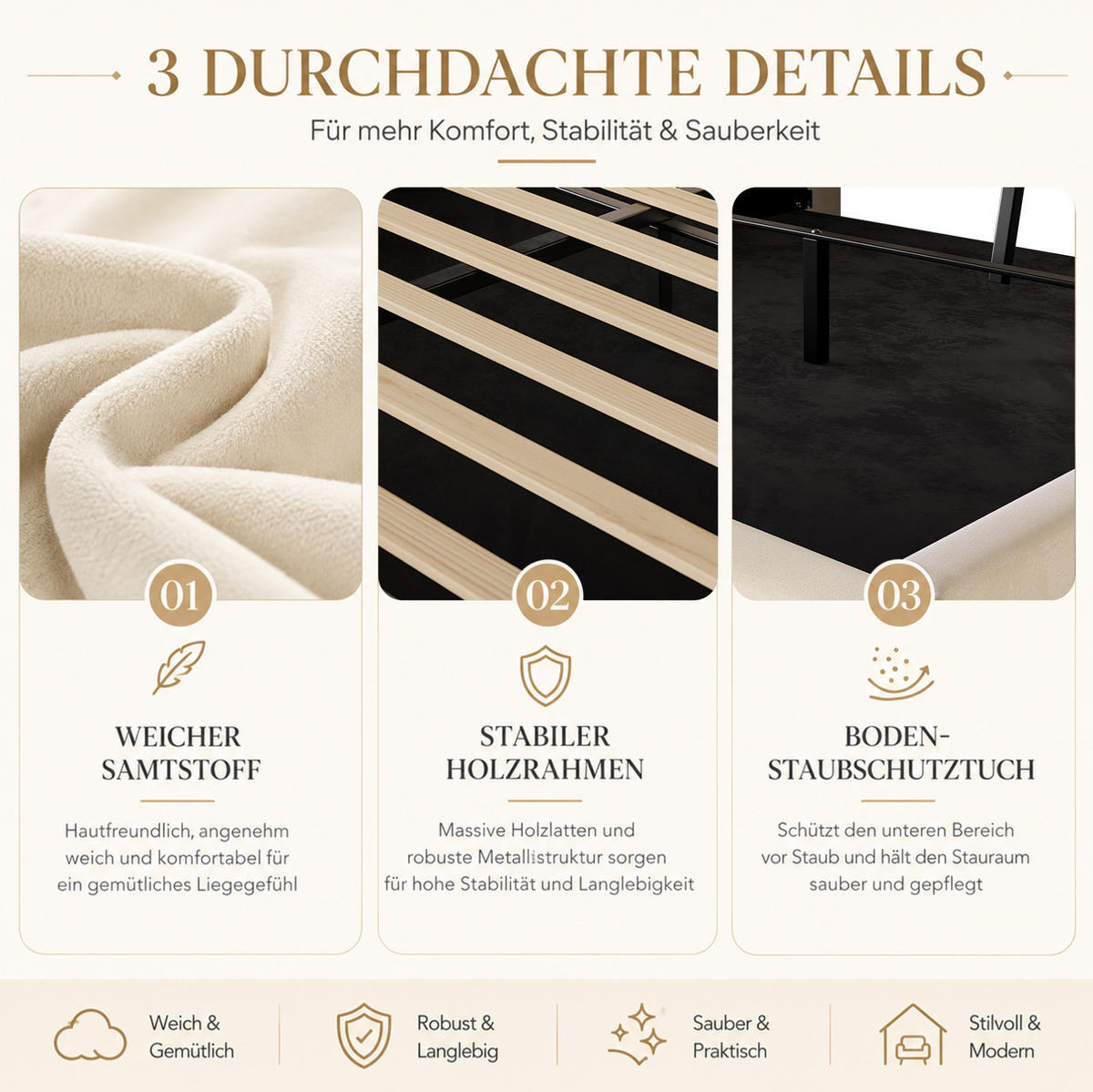 POLSTERBETT aus Samt 160x200 cm Beige mit Bettkasten, LED-Beleuchtung, USB- und Type-C-Anschlüssen - Beige, Textil (160/200cm) - Modfu