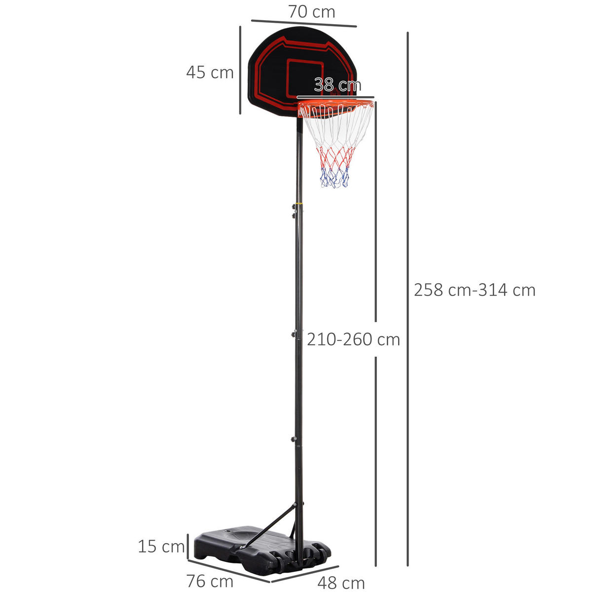 BASKETBALLKORB DE-18518 höhenverstellbar 2,1-2,6 m - Schwarz, Metall (76/70cm) - ComfortXL