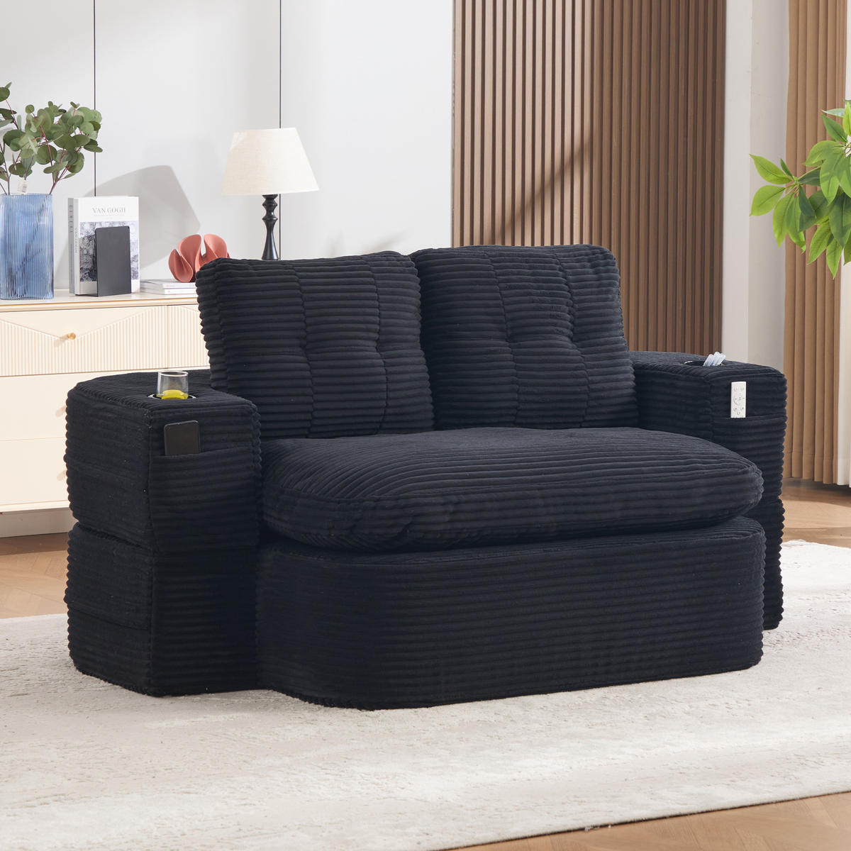SOFA it Liegefunktion aus Cord mit verstellbaren Armlehnen und Getränkehaltern in Schwarz - Schwarz, Textil (165/61/97cm) - EVRYAE