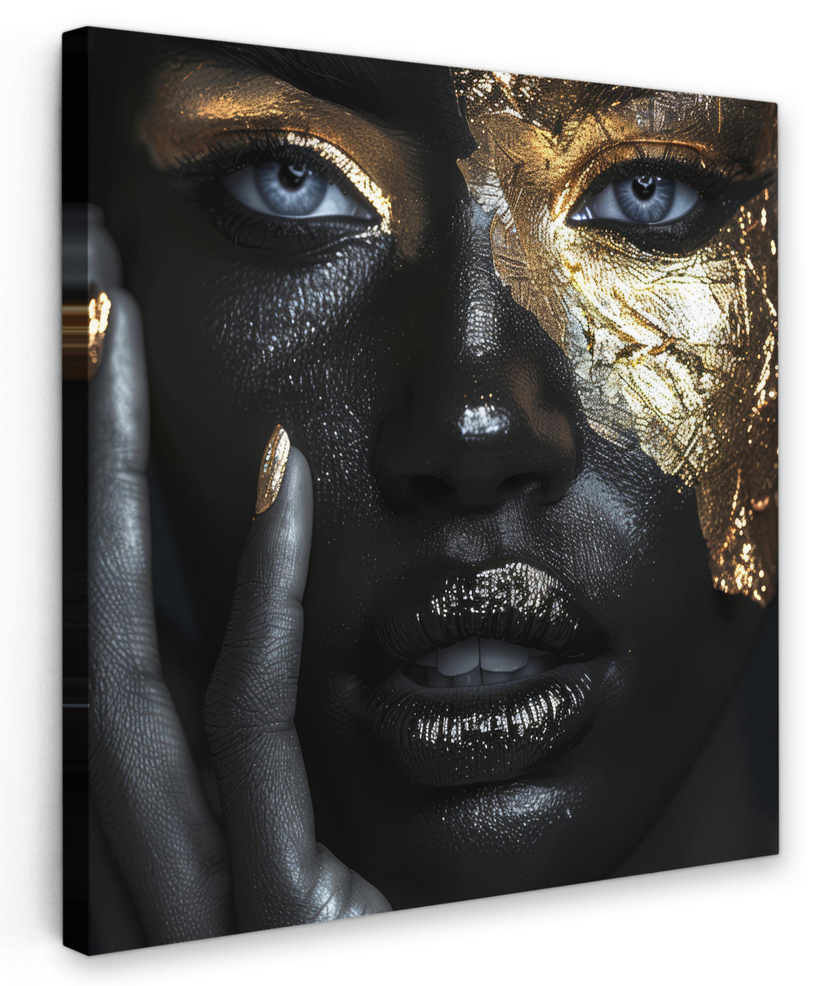 LEINWANDBILD Frau - Gold - Porträt - Schwarz-Weiß - Luxus 50x50 cm - Hellblau, Textil (50/50cm) - MuchoWow