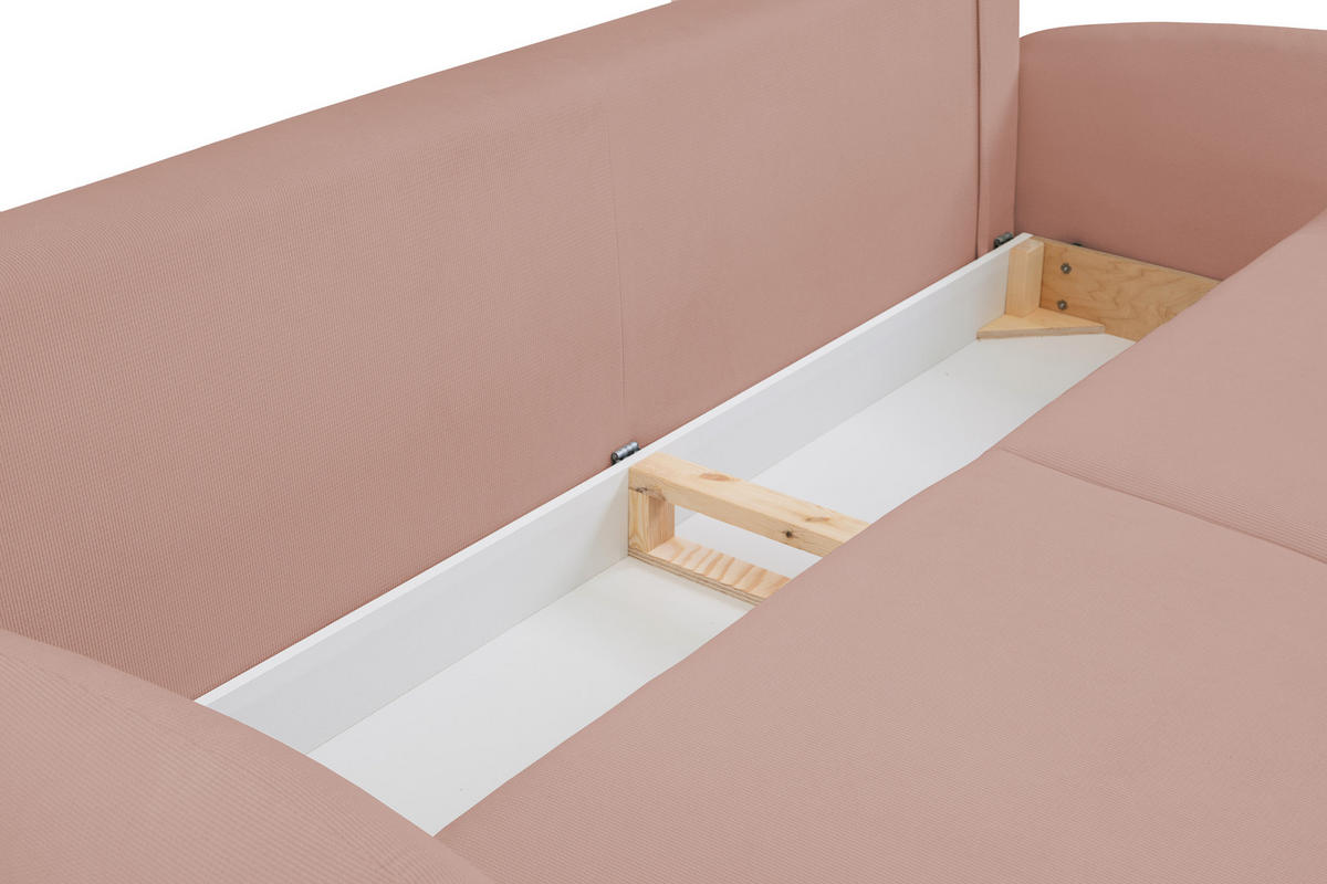 SOFA SOFT RunAgin Mit Schlaffunktion Und Bettkasten, PUR-Schaum, Schwarze Kunststofffüße, lose Rückenkissen, freistehend, 232x109x95 cm Rose - Rosa, Holz/Textil (232/95/109cm) - DomoHome