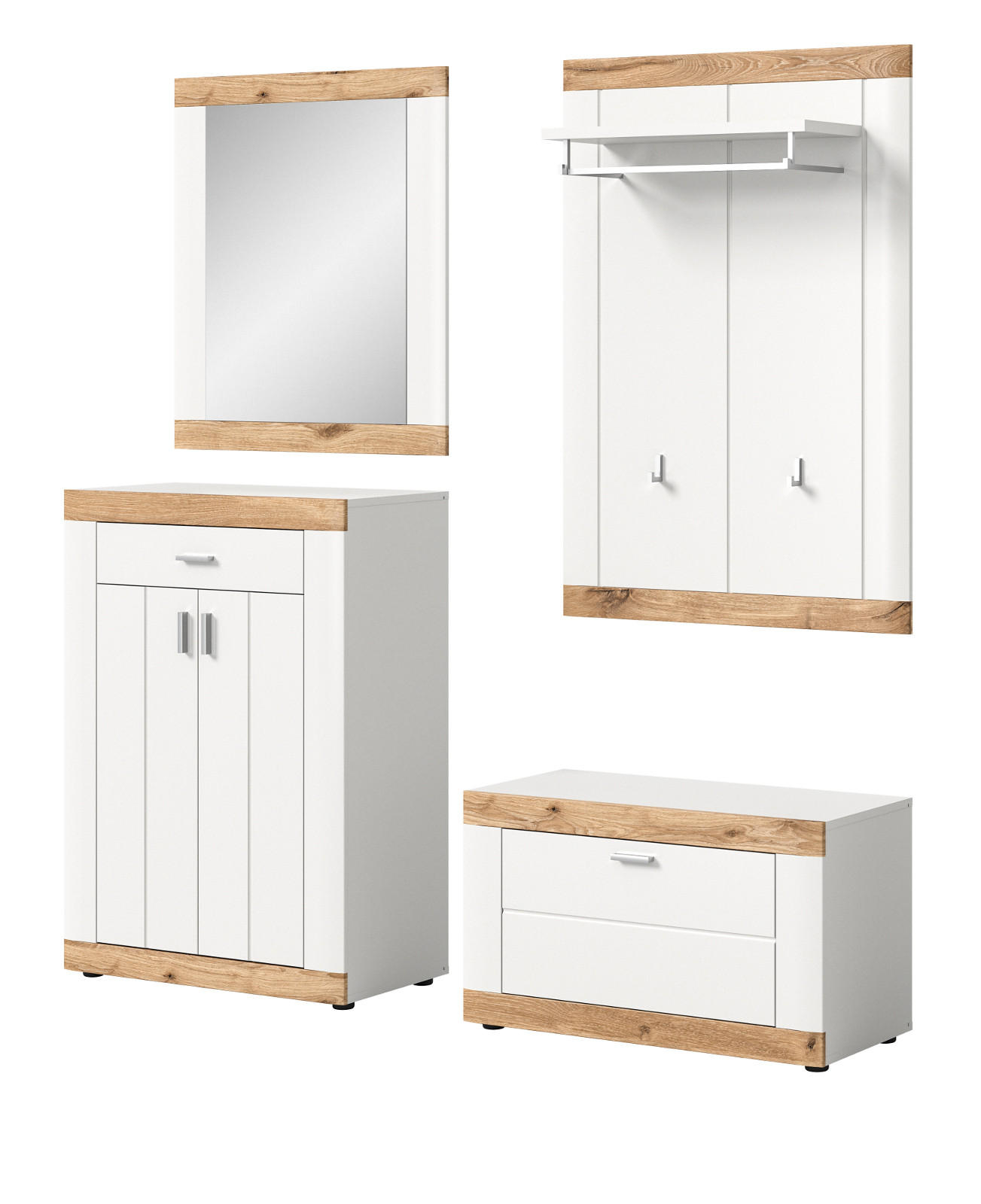 GARDEROBE Set 4-teilig weiß, Eiche 168 cm, Flurgarderobe mit Soft-Close - Eichefarben/Weiß, Holzwerkstoff/Kunststoff (168/191/37cm) - Inn.Furn