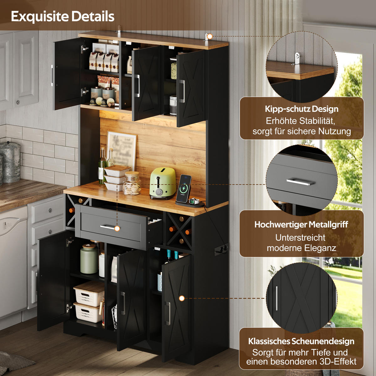 BUFFET DE-38736 105/40/180 cm LED-Beleuchtung und Weinregal Schwarz - Schwarz, Holzwerkstoff (105/180/40cm) - ComfortXL