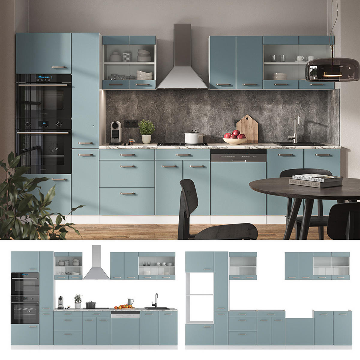 KÜCHENZEILE R-Line Blau-Grau/Weiß 350 cm mit Hochschrank, ohne AP - Blaugrau/Weiß, Holzwerkstoff (350/81.6/46cm) - Vicco