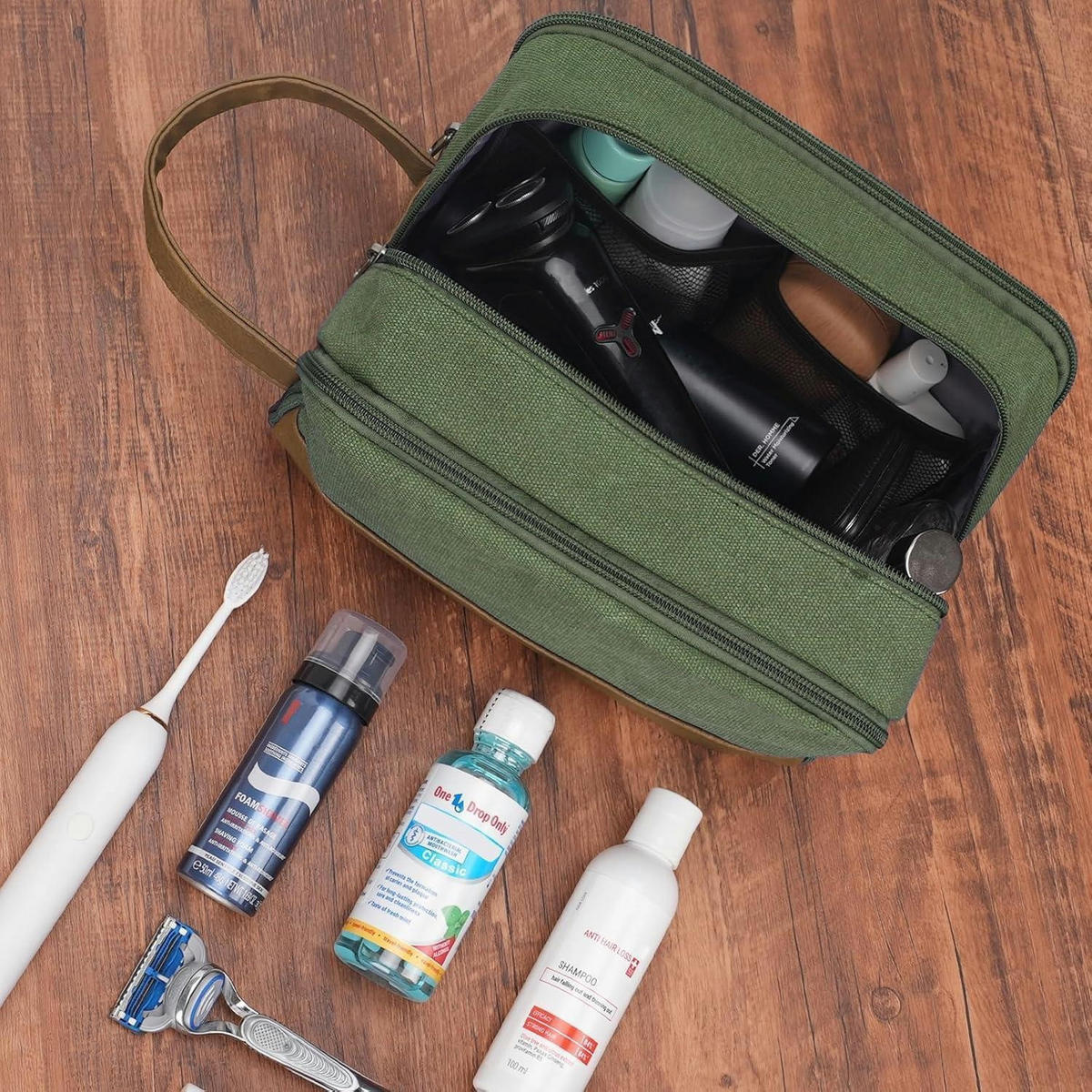 KULTURTASCHE Herren Grün Canvas/Kunstleder 25 cm - Grün, Textil (5/2/5cm)