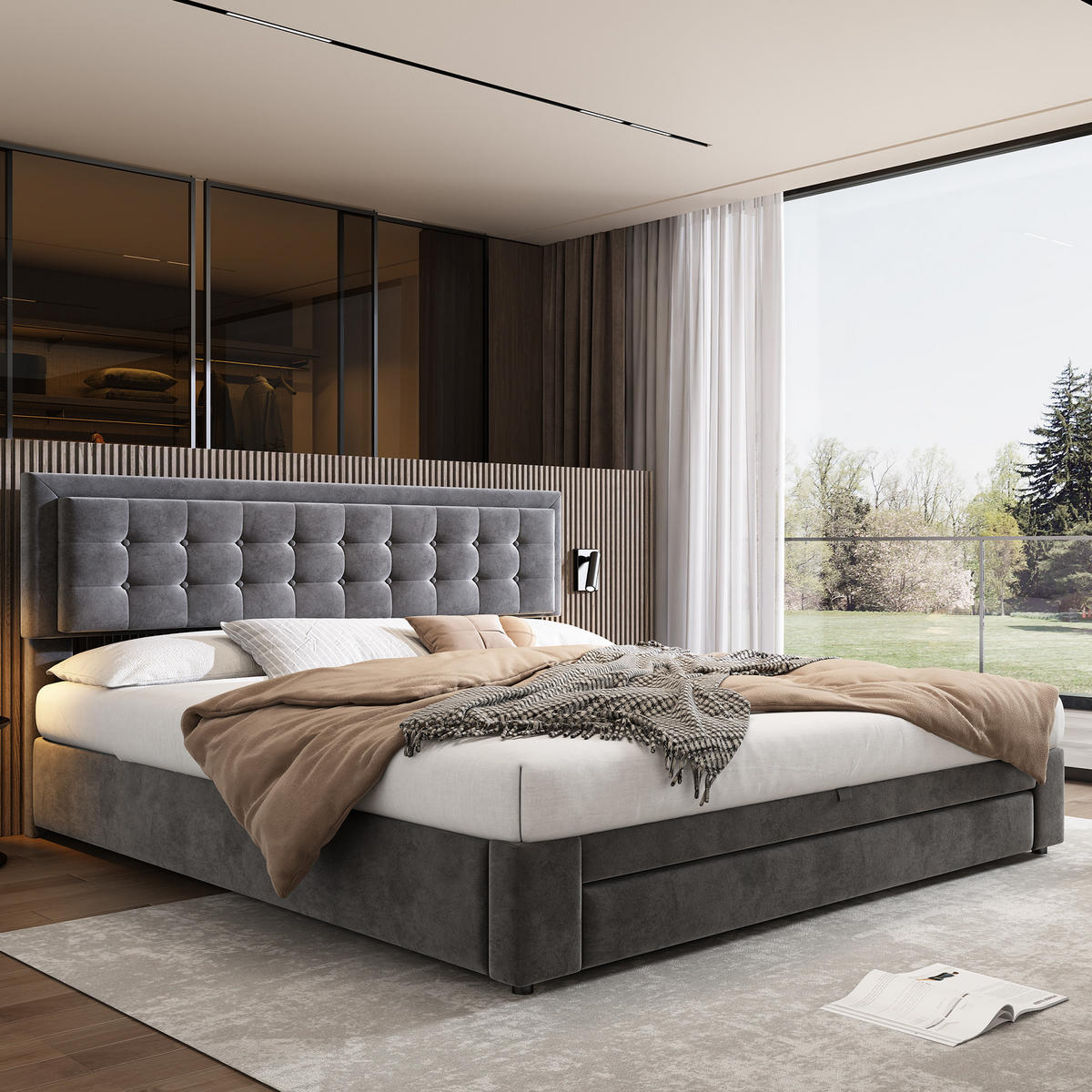 BETT mit Stauraum 160x200 cm Samt Grau - Grau, Metall (160/200cm) - Meubliv