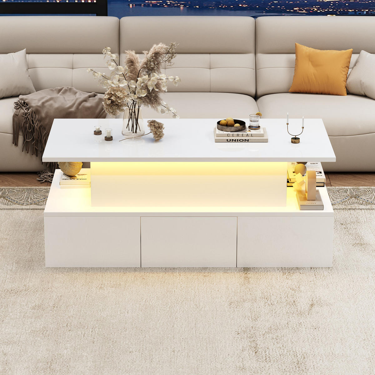 COUCHTISCH 100/50/40 cm in Weiß mit Liftfunktion und LED-Beleuchtung - Weiß, Holzwerkstoff (100/50/40cm) - Flora Grace