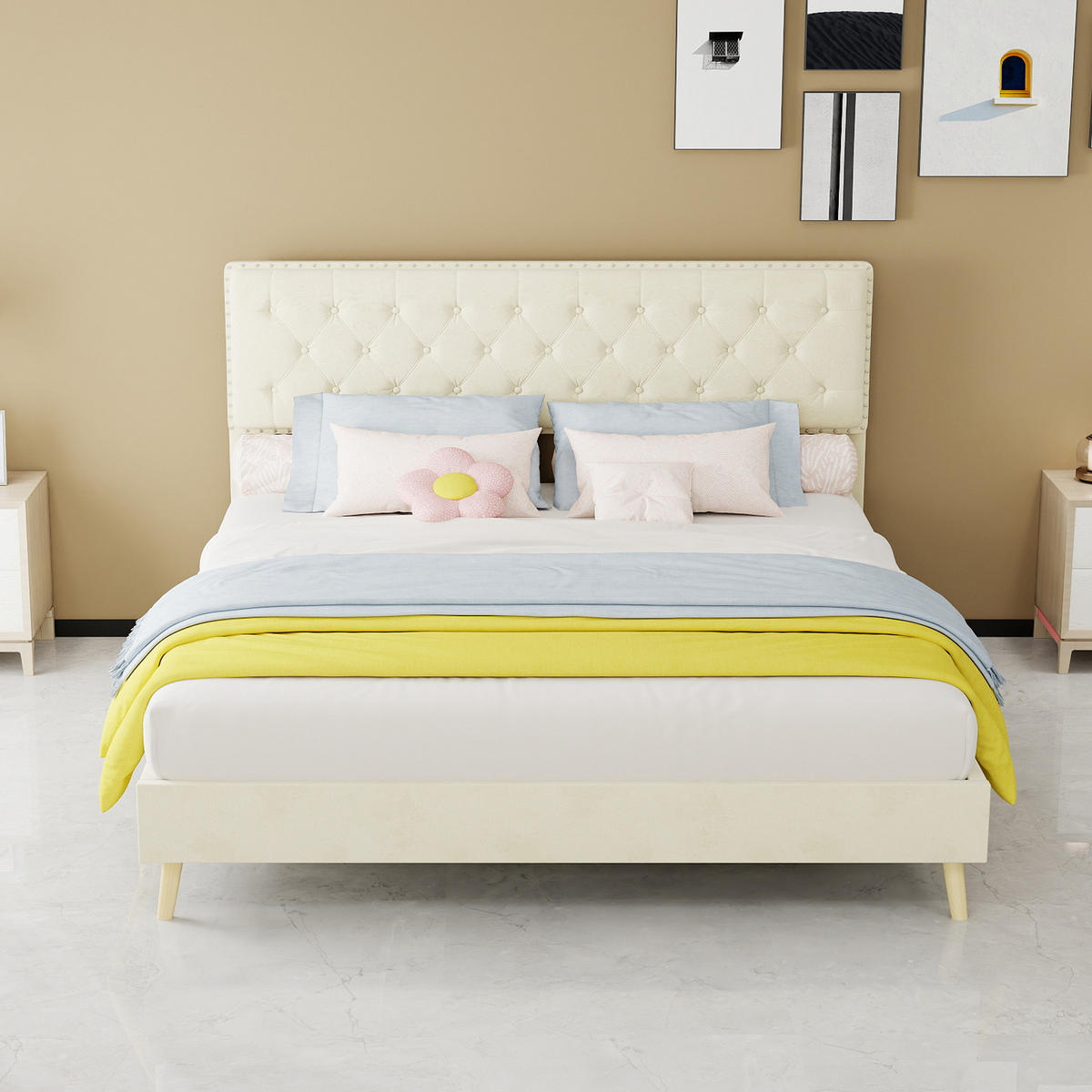 POLSTERBETT 160/200 cm in Beige Samt mit hohem Kopfteil und Stauraum - Beige, Holzwerkstoff/Textil (160/200cm) - STILVORA