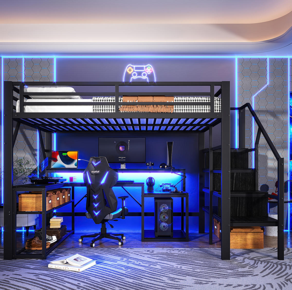 HOCHBETT aus Metall und MDF 140x200 cm Schwarz mit Schreibtisch, Stauraum, LED-Beleuchtung und USB-Anschluss - Schwarz, Metall (140/200cm) - IVMEU