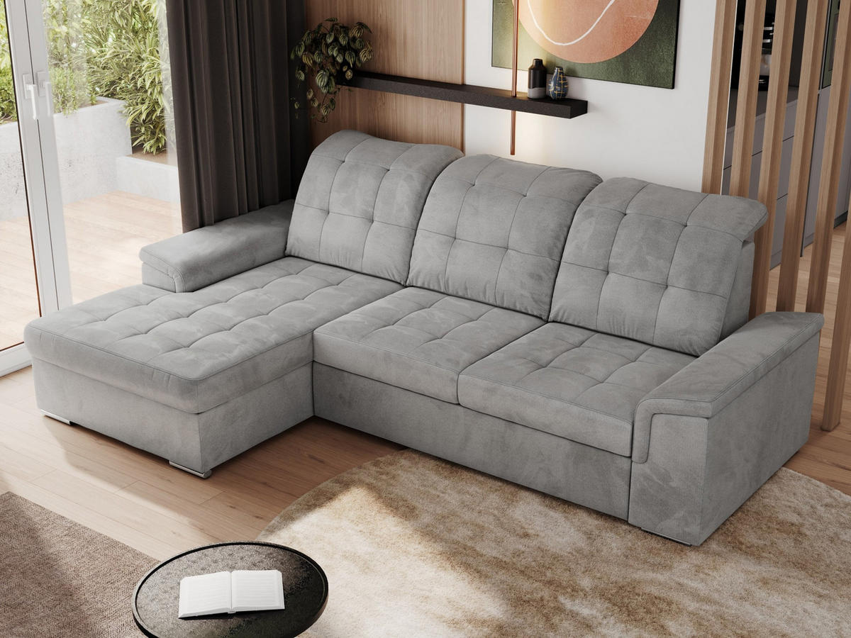 ECKSOFA MADRITO L - Hellgrau Velorus - Links - Silberfarben/Hellgrau, Textil/Metall (160/256cm)