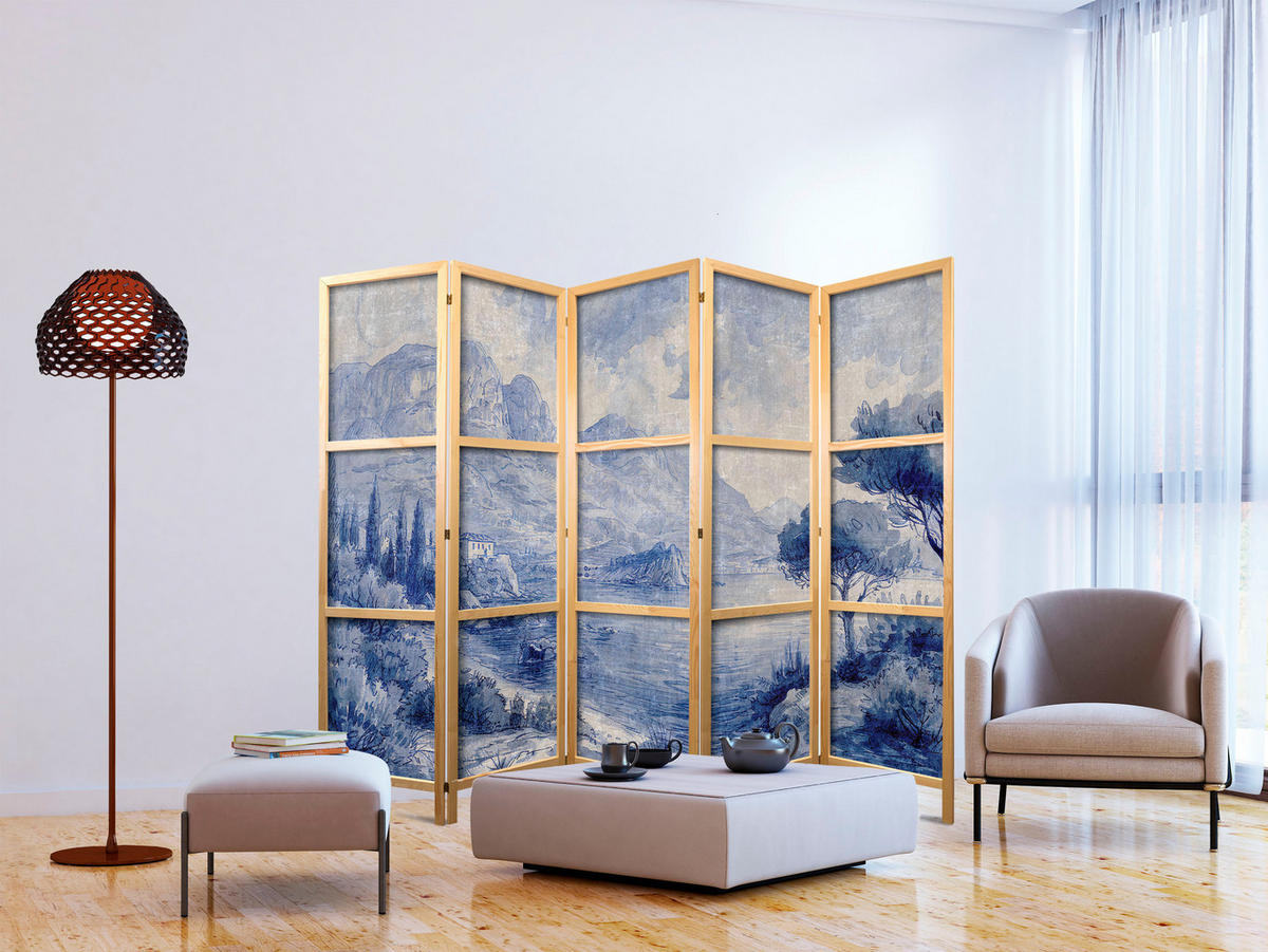 PARAVENT Japanischer 5-tlg 225x172 cm Blaue Landschaft - Blau, Holz/Textil (225/172/3cm) - Muralo