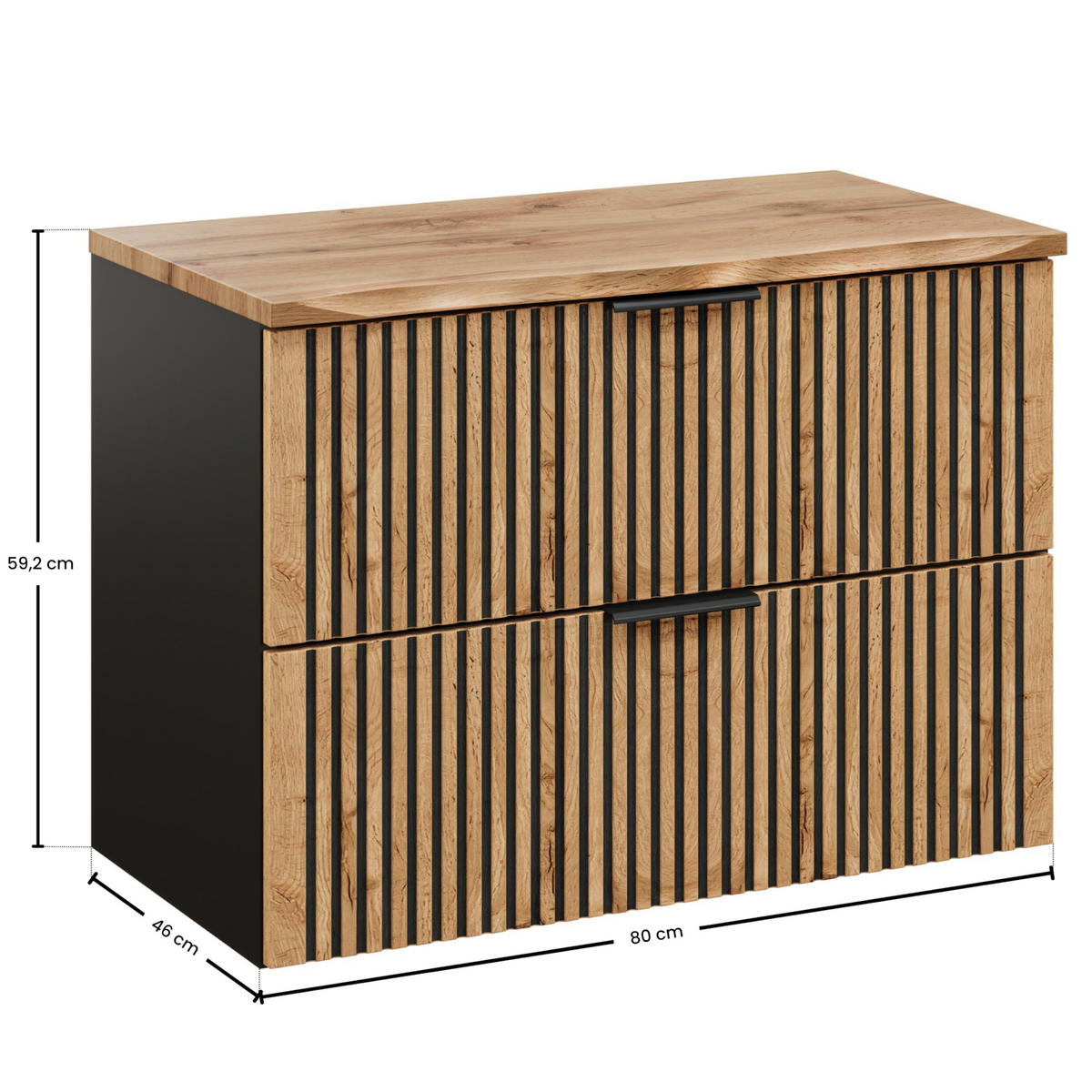 WASCHBECKENUNTERSCHRANK TILO SET2 Profilierte Fronten Schwarz Eiche - Eichefarben/Schwarz, Glas/Holzwerkstoff (80/60/46cm) - Komodee