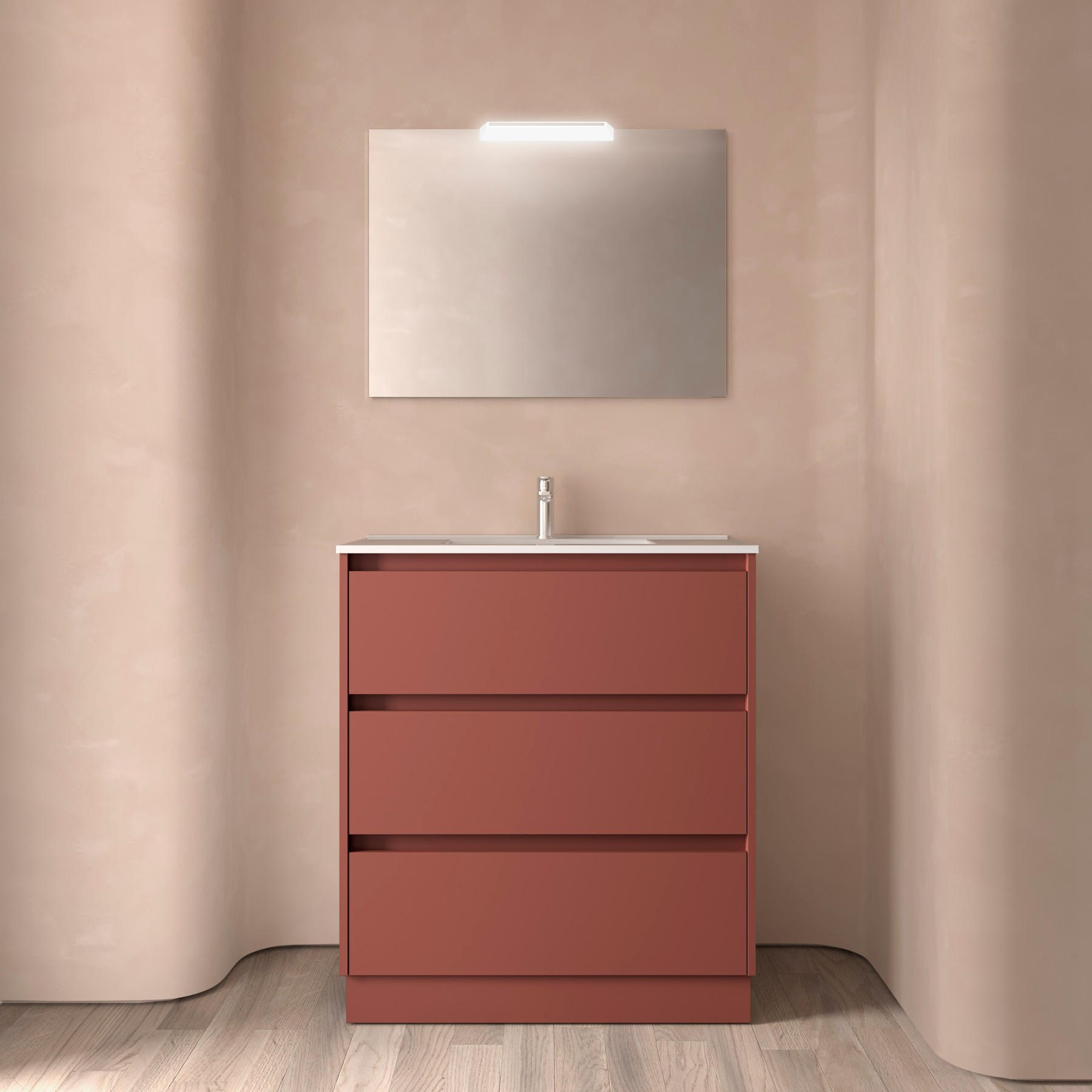 BADEZIMMERMÖBEL NOJA 800 3 Schubladen RED SATIN + Waschtisch + Spiegel - Schwarz, Metall (45/81/80cm) - Salgar