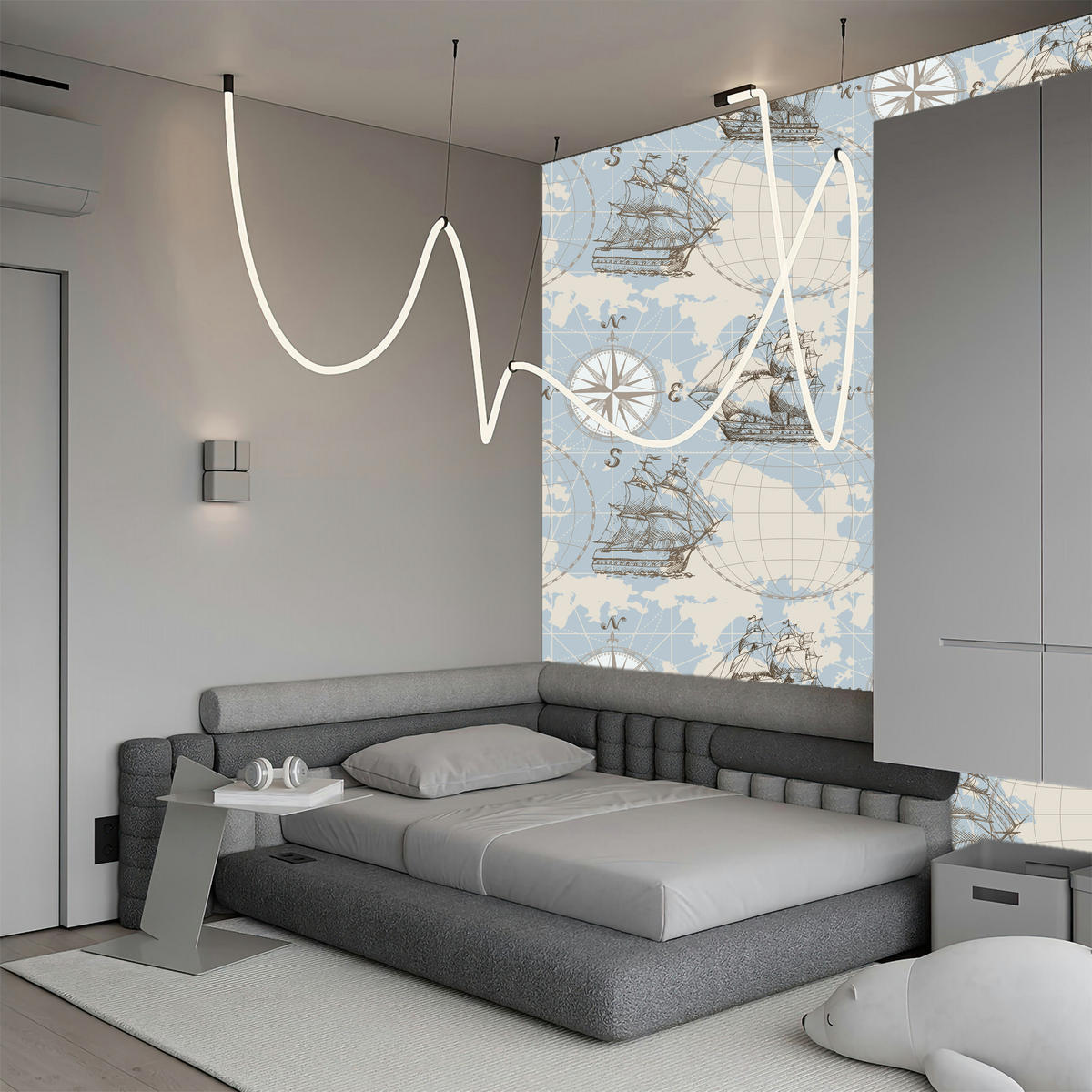 VLIESTAPETE Segelschiffe, Weltkarte und Kompass – Hellblau, Beige – 50x1000 cm - Beige/Hellblau, Papier (50/1000cm) - Muralo