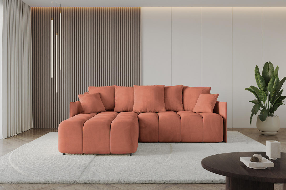 ECKSOFA Ottomane links LONLI-L 251x189x68 Koralle Velours - Koralle, Holzwerkstoff/Kunststoff (251/189cm) - ALTDECOR