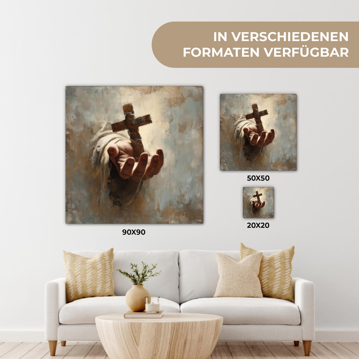 LEINWANDBILD Abstrakt - Kreuz - Hand - Christentum Deko Wohnzimmer 20x20 cm - Hellbraun, Textil (20/20cm) - MuchoWow
