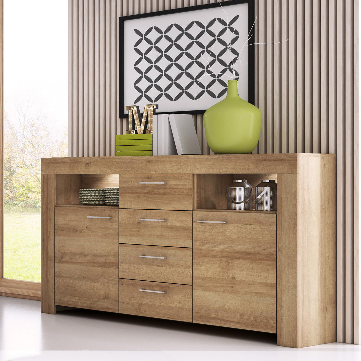 SIDEBOARD CIELO 155x40x96 cm mit 4 Schubladen und 2 Türen Eichefarben - Braun, Holzwerkstoff (155/96/40cm) - MASSENO