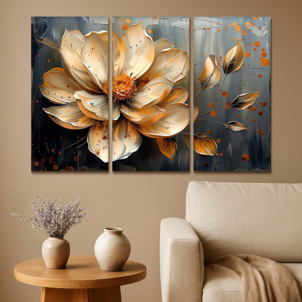 LEINWANDBILD 3er Set Blume - Gold - Abstrakt - Farbe 120x80 cm - Creme, Textil (120/80cm) - MuchoWow