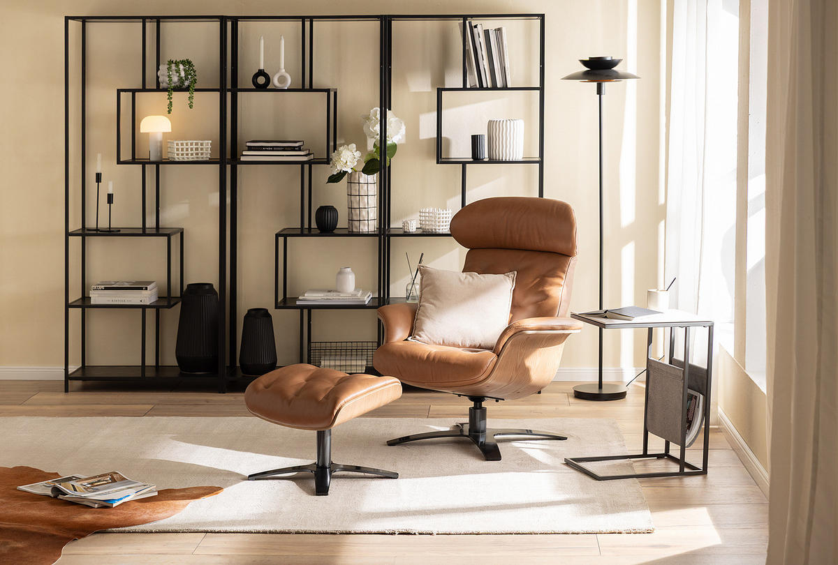 RELAXSESSEL - Echtleder - Cognac/Schwarz, Leder/Metall (79/100/84cm) - home24