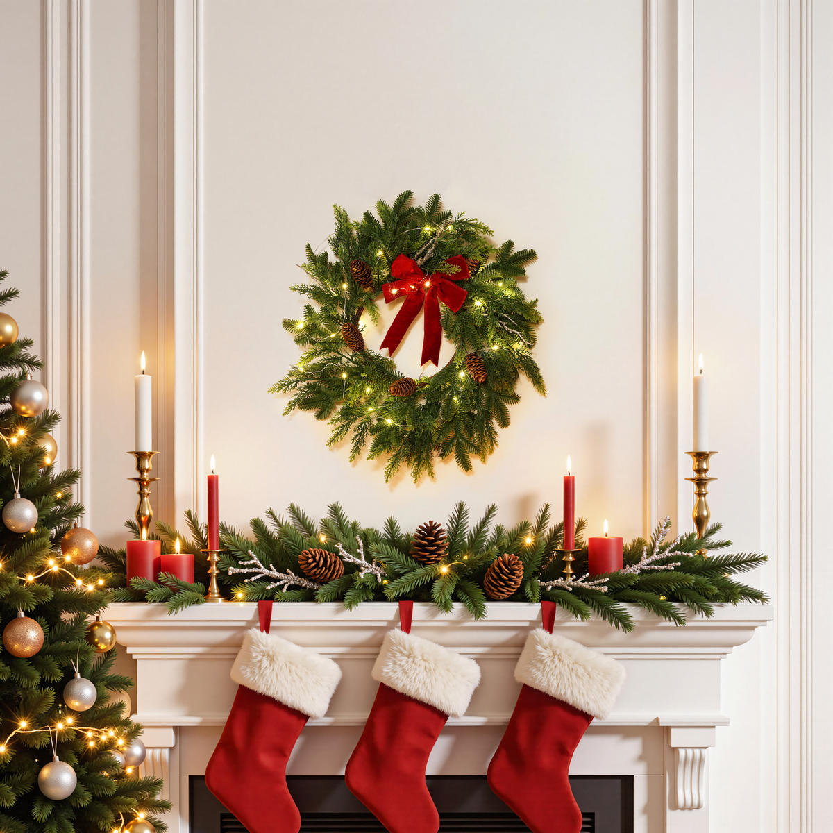 RUNDER Weihnachtskranz Ø45cm mit roter Schleife, 25 LEDs,Timer - Dunkelgrün, Naturmaterialien (45cm) - Hometopia
