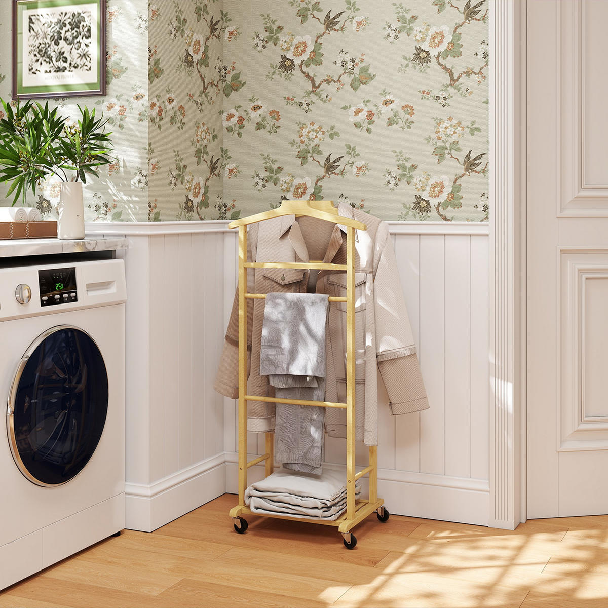 KLEIDERSTÄNDER DE-17886 4-in-1 mit Rollen & Schuhablage Natur - Naturfarben, Naturmaterialien (47/105.5/33.7cm) - ComfortXL