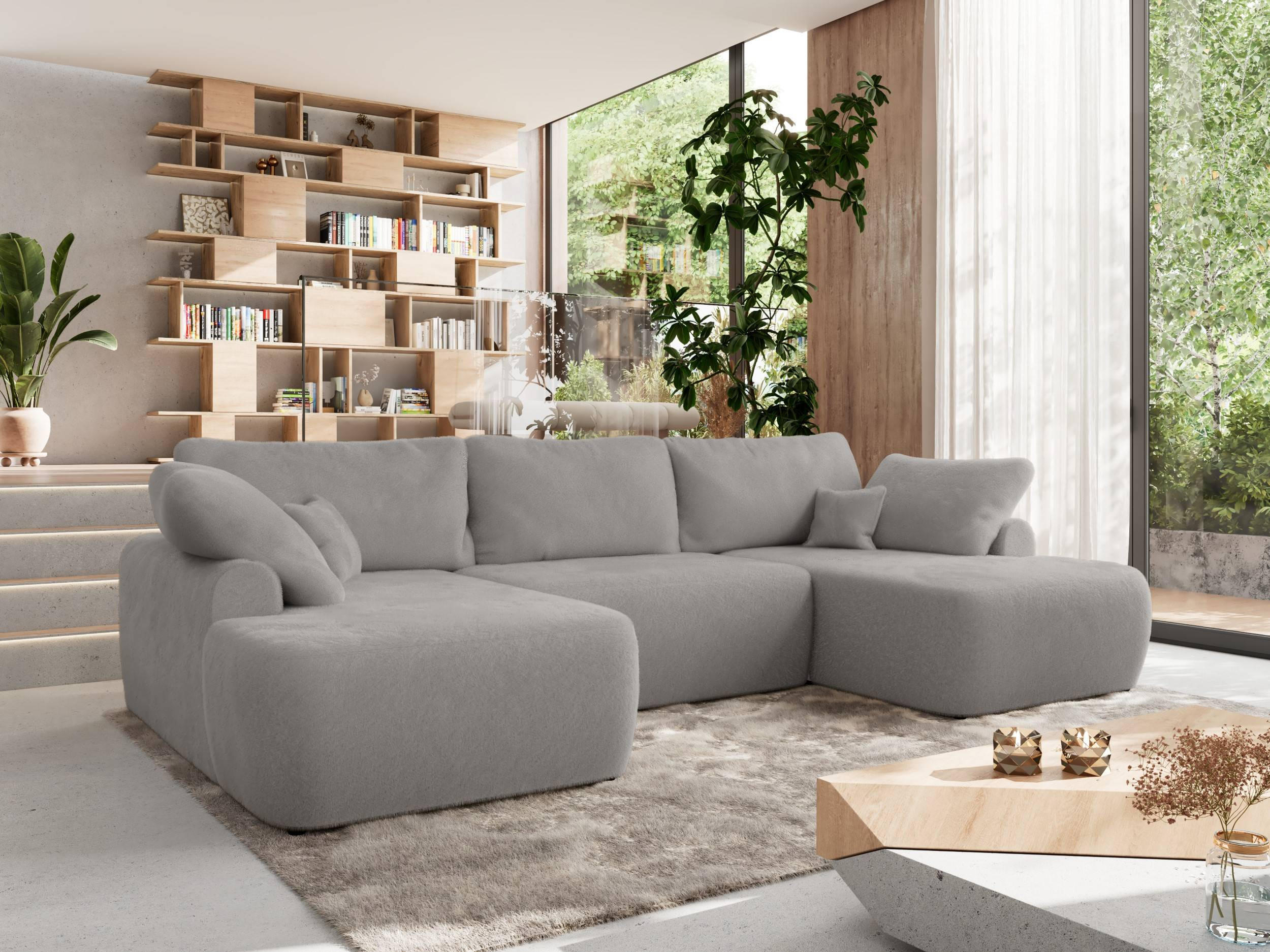 WOHNLANDSCHAFT CUBO U Hellgrau Plüsch - Hellgrau/Schwarz, Kunststoff/Textil (370/100/187cm) - MKS