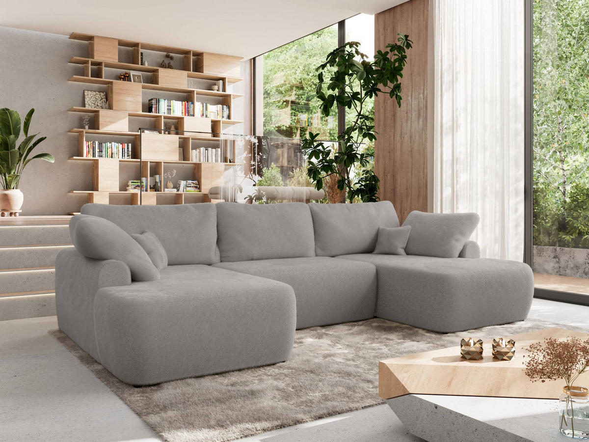 WOHNLANDSCHAFT CUBO U Hellgrau Plüsch - Hellgrau/Schwarz, Kunststoff/Textil (370/100/187cm) - MKS