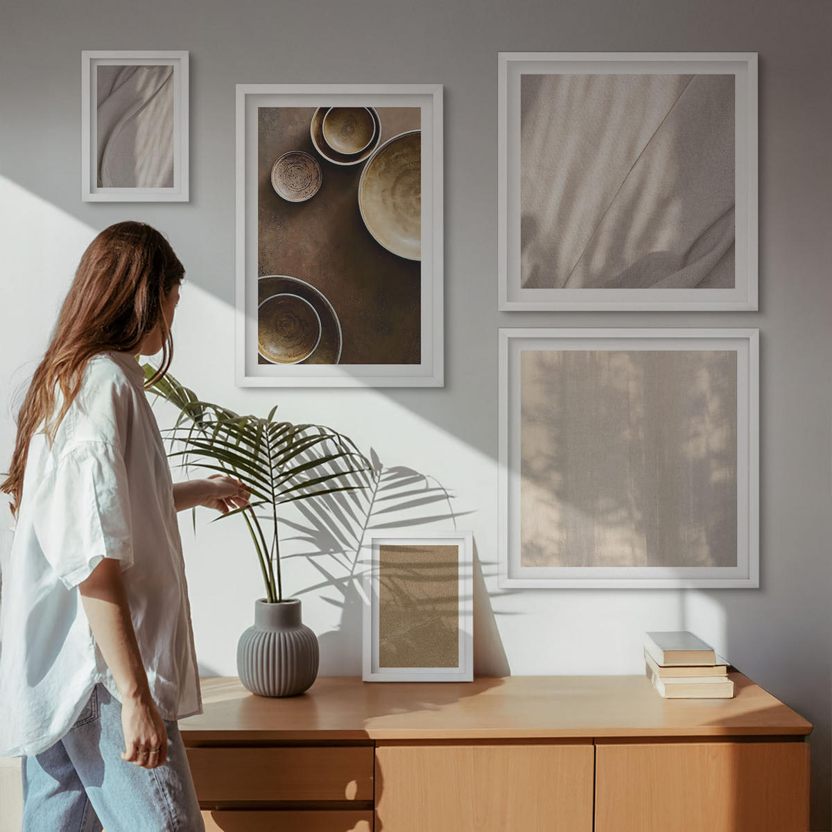 WANDBILDER 5er-Set - 50x50 cm & 20x30 cm & 40x60 cm Weißer Rahmen - Strukturen, Texturen, Minimalismus - Weiß, Kunststoff (40/60cm) - ArtPrintCave
