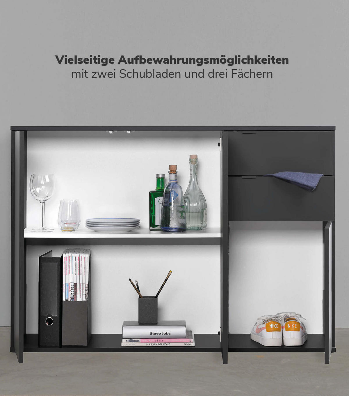 MEHRZWECKSCHRANK SET Der Allzweckwaffe - Anthrazit/Schwarz, Holzwerkstoff (117/110/34cm) - Mokebo
