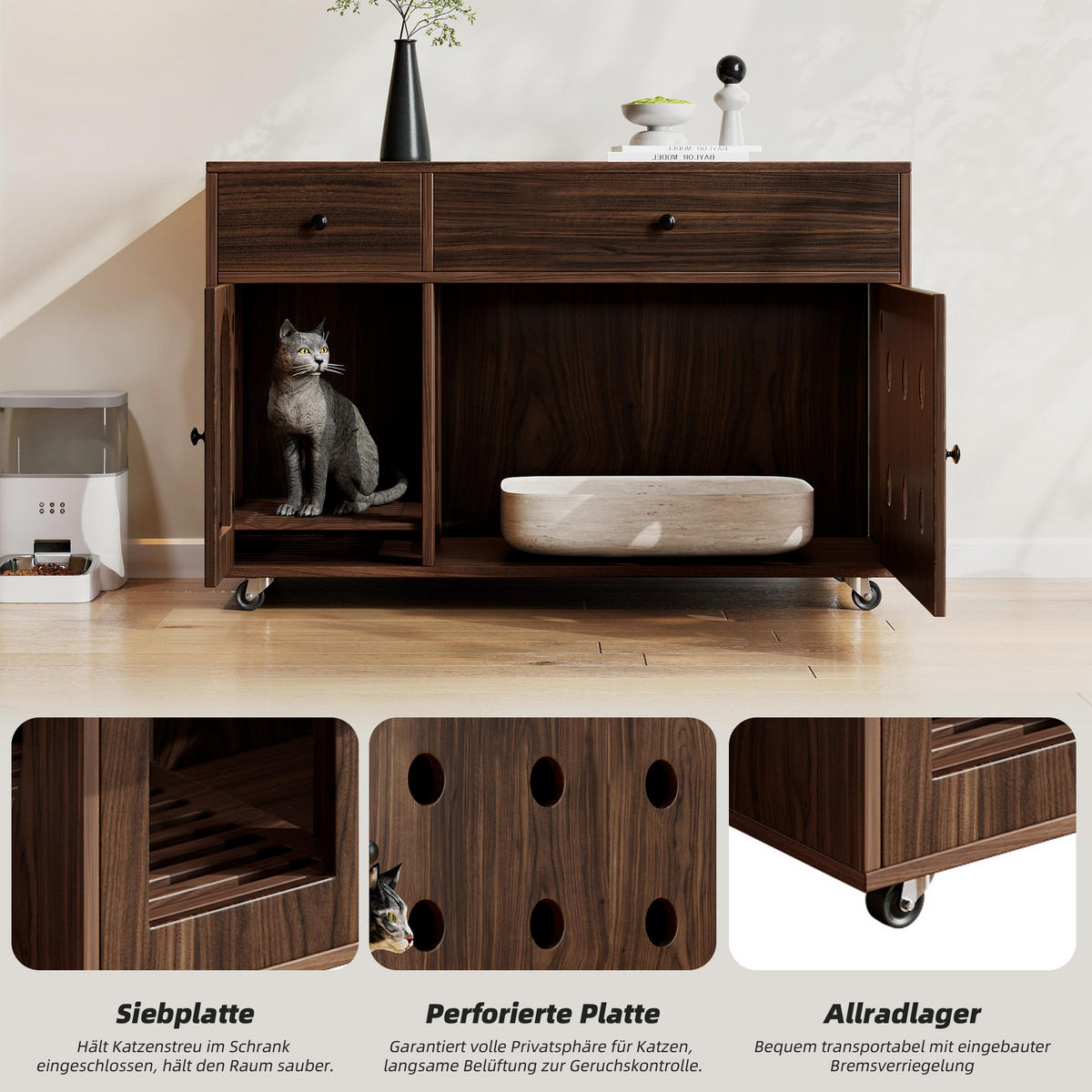 SIDEBOARD Nussbaumfarbe aus MDF 100×45×66cm als Katzenkloschrank mit Sandauffangplatte und Schubladen - Nussbaumfarben, Holzwerkstoff (45/66/10cm) - Luhomfu