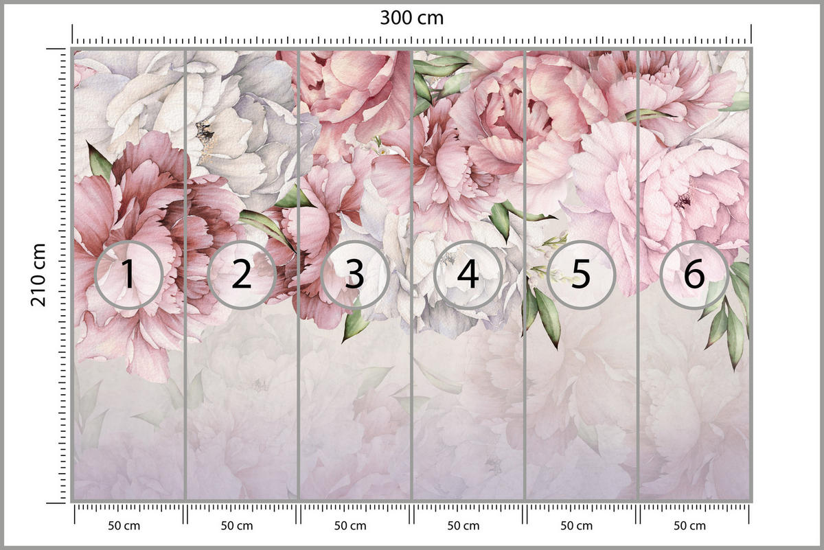 FOTOTAPETE für Badezimmer Zarte Rosa Pfingstrosen Blumen 300x210 - Violett/Rosa, Papier (300/210cm) - Muralo