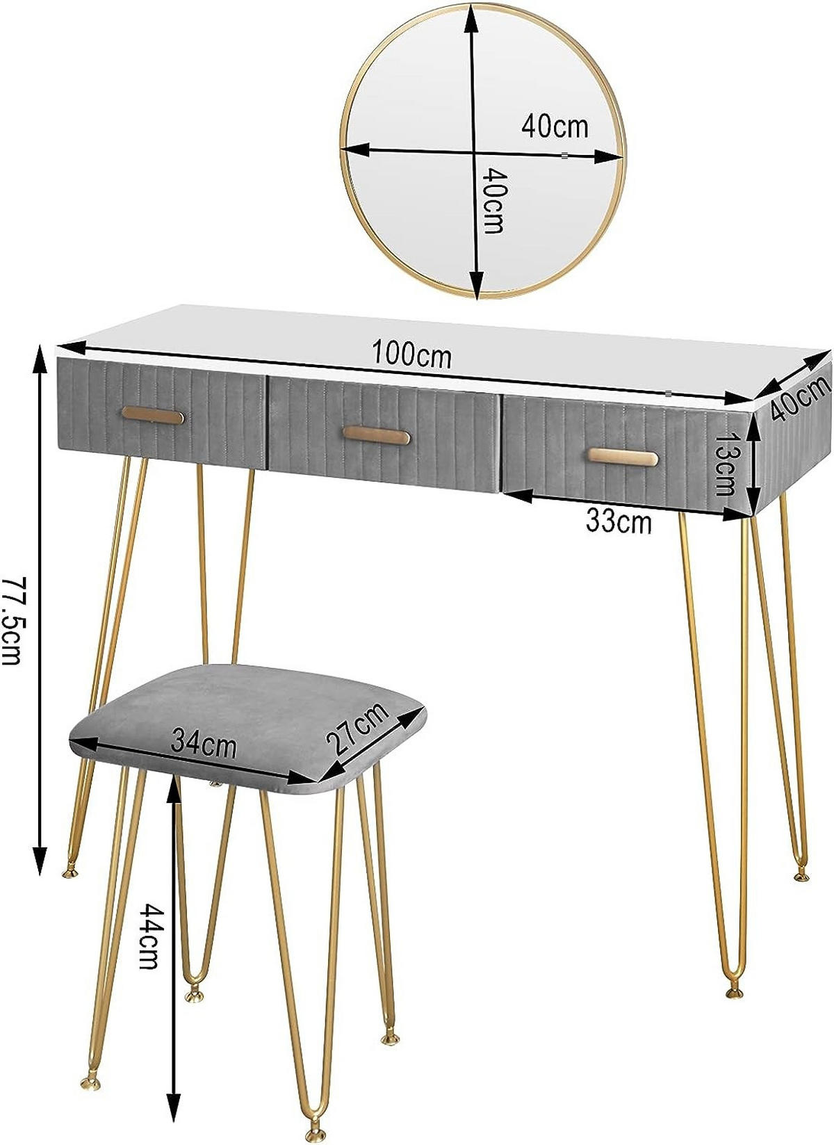 SCHMINKTISCH mit Hocker Spiegel - Goldfarben/Grau, Holzwerkstoff/Metall (100/77.5/40cm) - Woltu