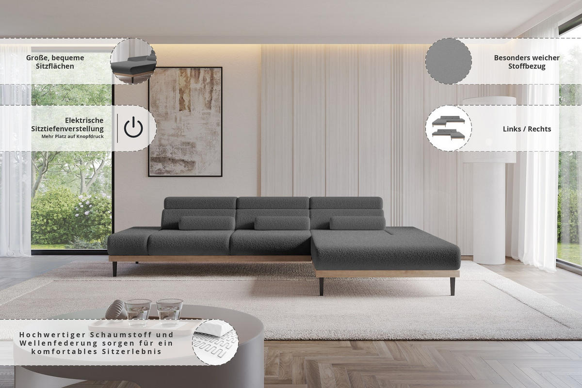 ELEKTRISCHES ECKSOFA Rechts MONA 316x205x85 Grau Bouclé - Silberfarben/Grau, Holzwerkstoff/Textil (316/205cm) - ALTDECOR