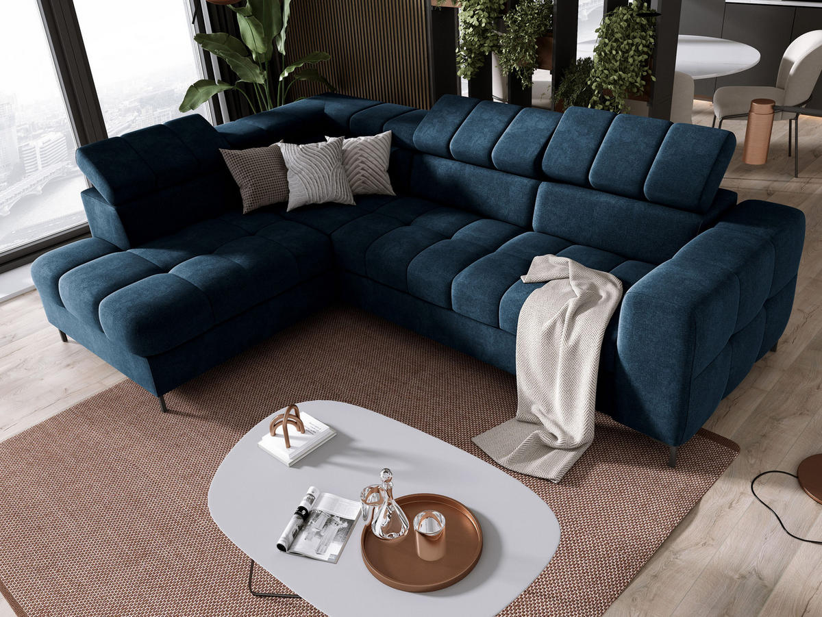 ECKSOFA PABLO VOGUE L‑förmig mit Bett, Bettkasten, verstellbaren Kopfstützen, weichen Metallfüßen, freistehend, LINKS, 270x201x97 cm, Blau - Blau, Holz/Textil (201/270cm) - DomoHome
