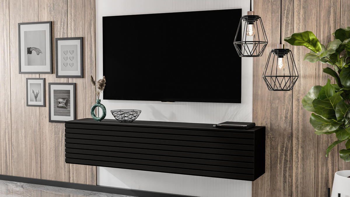 LOWBOARD ZIVOLLI 160 Schwarz, Schwarze Lamellen 160/34/40 cm – TV-Hängeschrank mit Lamellenfront - Schwarz, Holzwerkstoff/Kunststoff (160/34/40cm) - AX Living