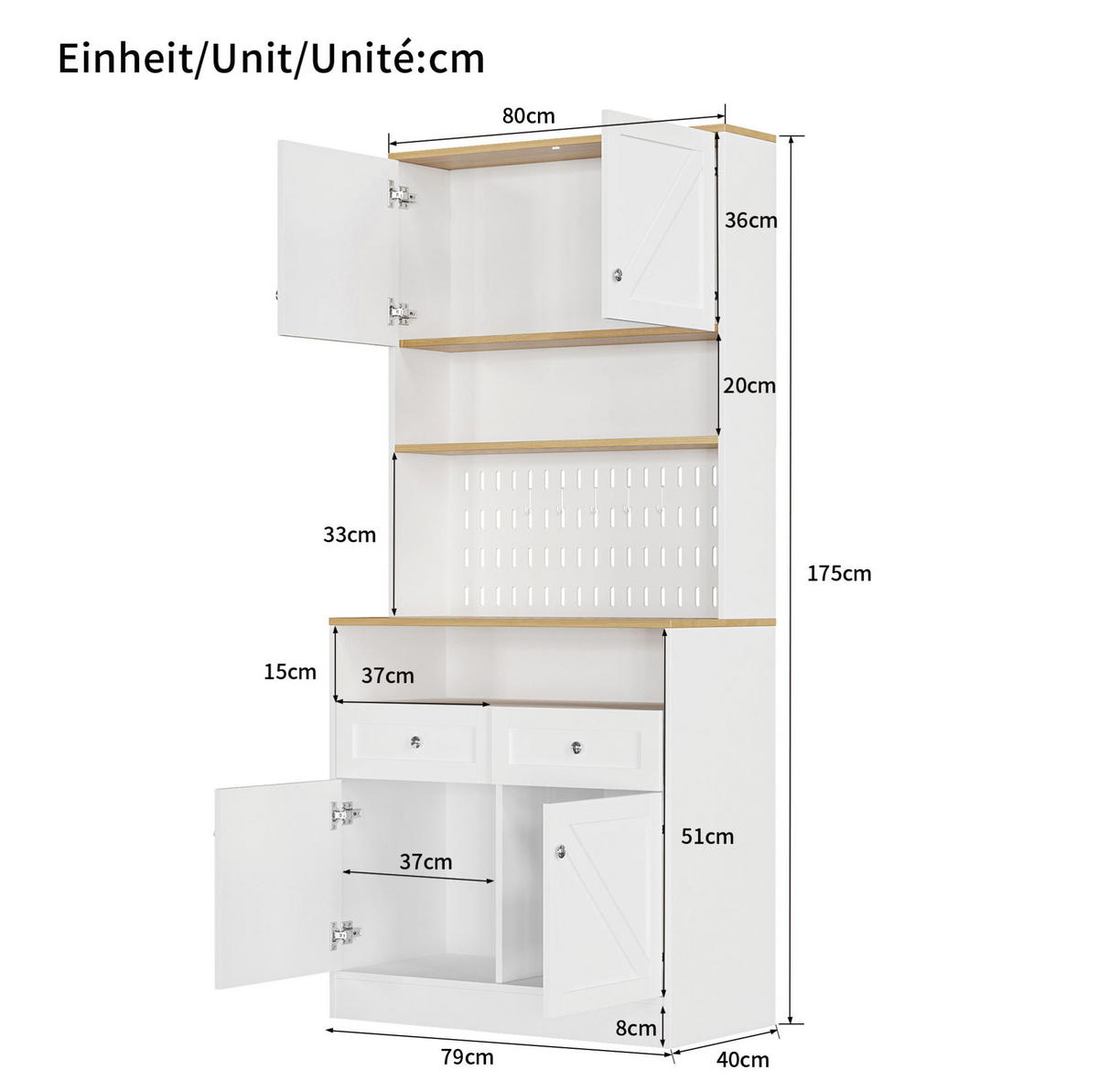 HIGHBOARD 80/40/175 cm mit 4 Türen, 2 Schubladen & offenem Mittelbereich - Weiß, Holzwerkstoff (80/175/40cm) - BEAOK