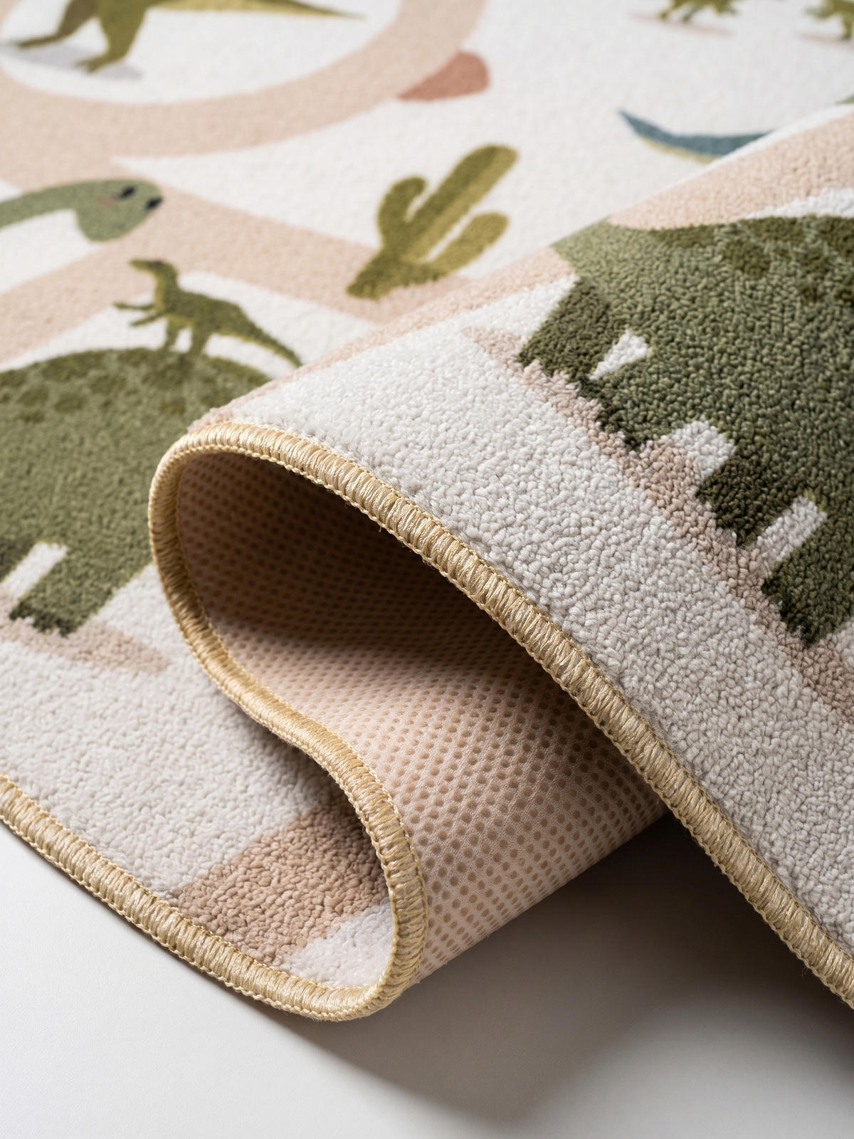 KINDERTEPPICH Kurzflor Dinosaurier-Landschaft Waschbar OEKO-TEX Spielteppich Jungen Mädchen Rund Creme 200x200 – TINO - Creme, Textil (200/200cm) - KADIMA DESIGN