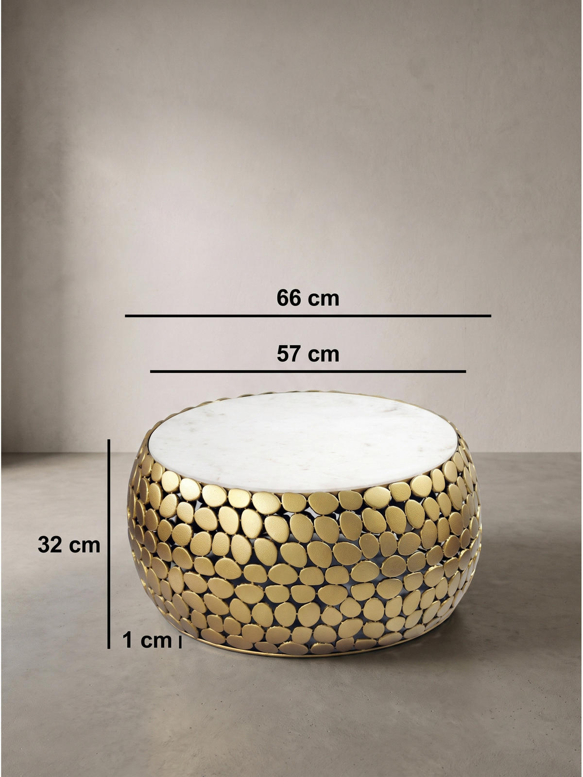 COUCHTISCH DIEMEL, Marmor, handgefertigt, Gold-Weiß, Ø 66 x 32 cm - Goldfarben, Stein/Metall (66/66/32cm) - KADIMA DESIGN