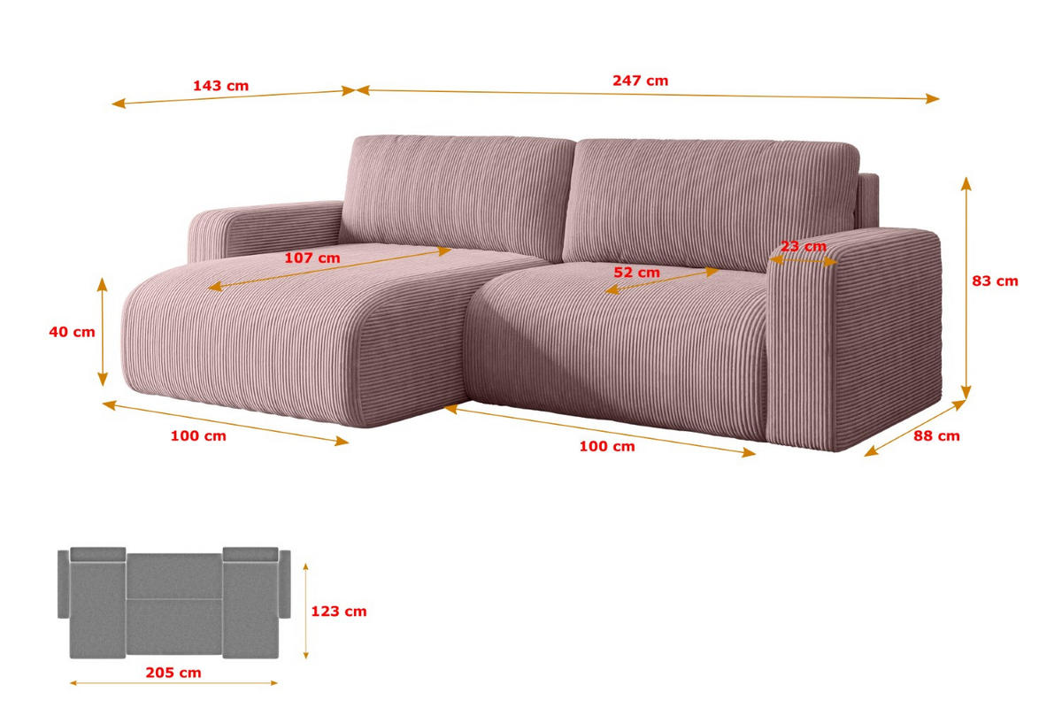ECKSOFA mit Schlaffunktion und Bettkasten KLEEA-L - 247x143x83 cm Rosa Cord - Schwarz/Rosa, Holzwerkstoff/Kunststoff (247/143cm) - ALTDECOR