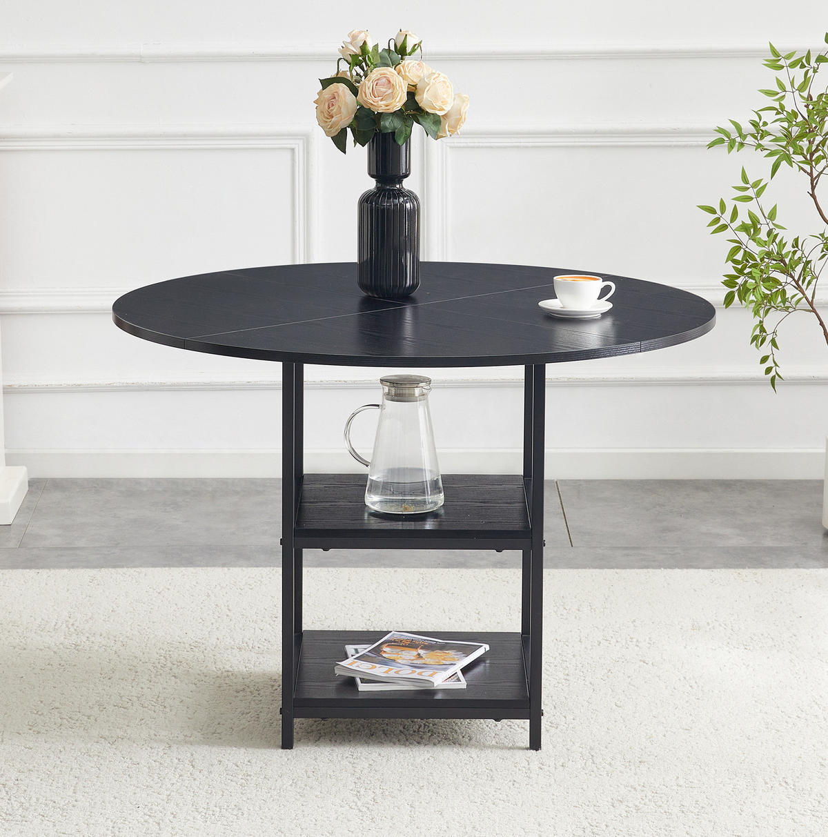 ESSTISCH 107/107/75 cm mit doppelter offener Ablage und Metallgestell in Holzoptik, Schwarz - Schwarz, Holzwerkstoff (107/107/75cm) - Redom
