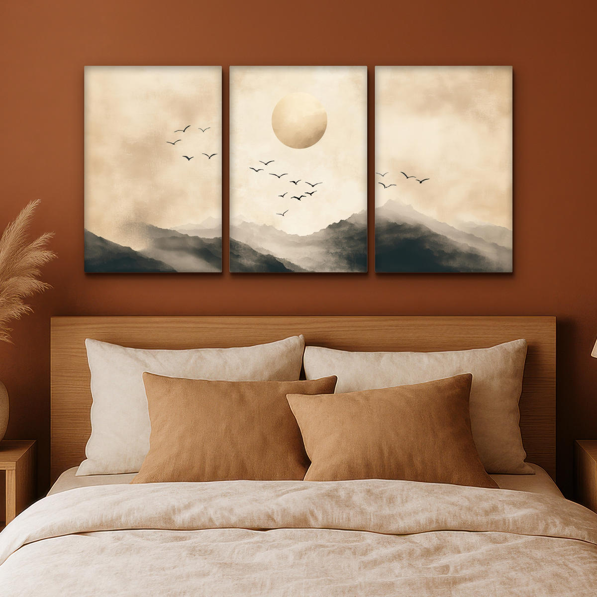 LEINWANDBILD 3er Set Landschaft - Japandi - Beige - Vögel 120x60 cm - Beige, Textil (120/60cm) - MuchoWow