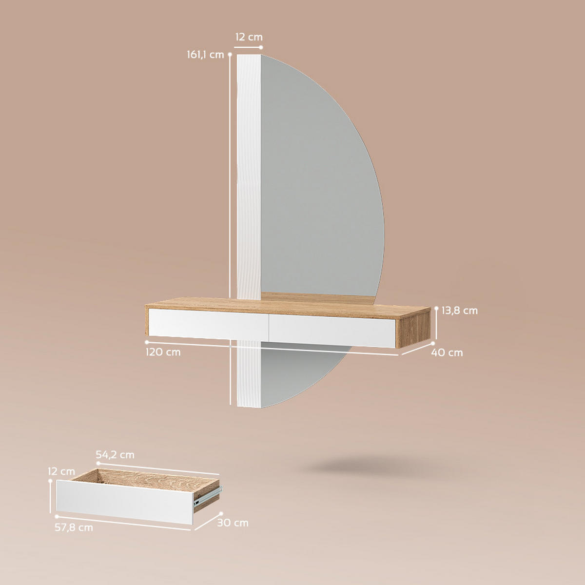 SCHMINKTISCH Ascona Weiß 120 cm mit LED Beleuchtung - Eichefarben/Weiß, Holzwerkstoff (120/161.1/40cm) - Livinity®