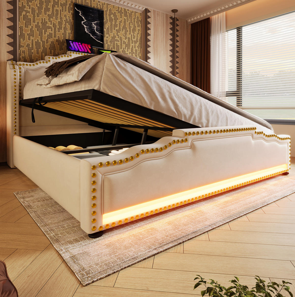 ČALOUNĚNÁ postel 140/200 cm béžová z veluru s úložným prostorem, LED osvětlením, USB-C a matrací - béžová, textil (140/200cm) - OKWISH