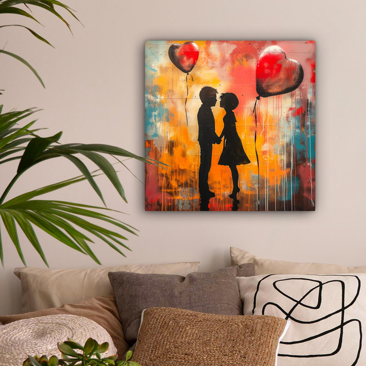 LEINWANDBILD Straßenkunst - Liebe - Graffiti - Kunst - Banksy 50x50 cm - Orange, Textil (50/50cm) - MuchoWow