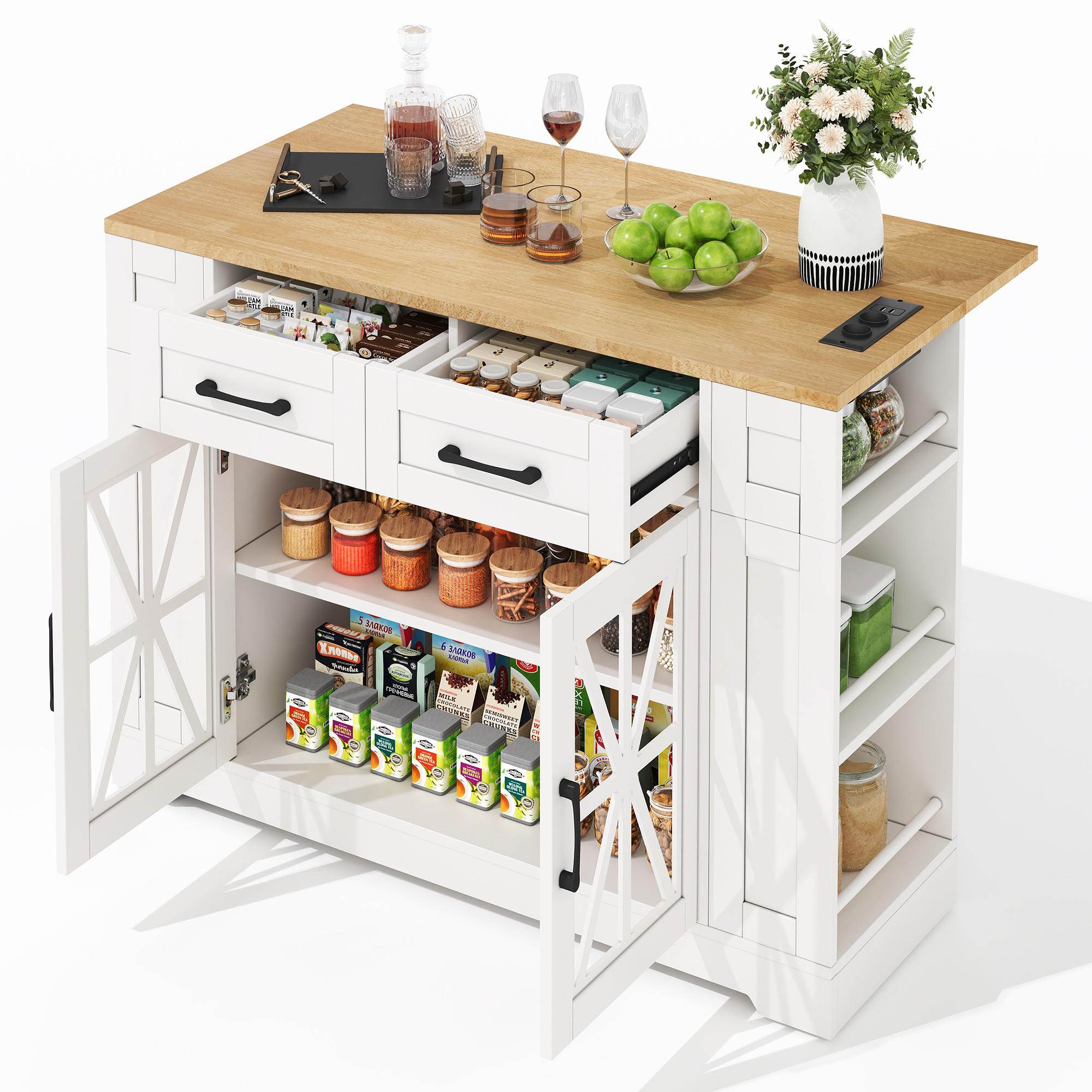 KÜCHENINSEL 120/40/92 cm weiß/natur aus MDF mit Klapptisch - Weiß, Holzwerkstoff (120/92/65cm) - OKWISH