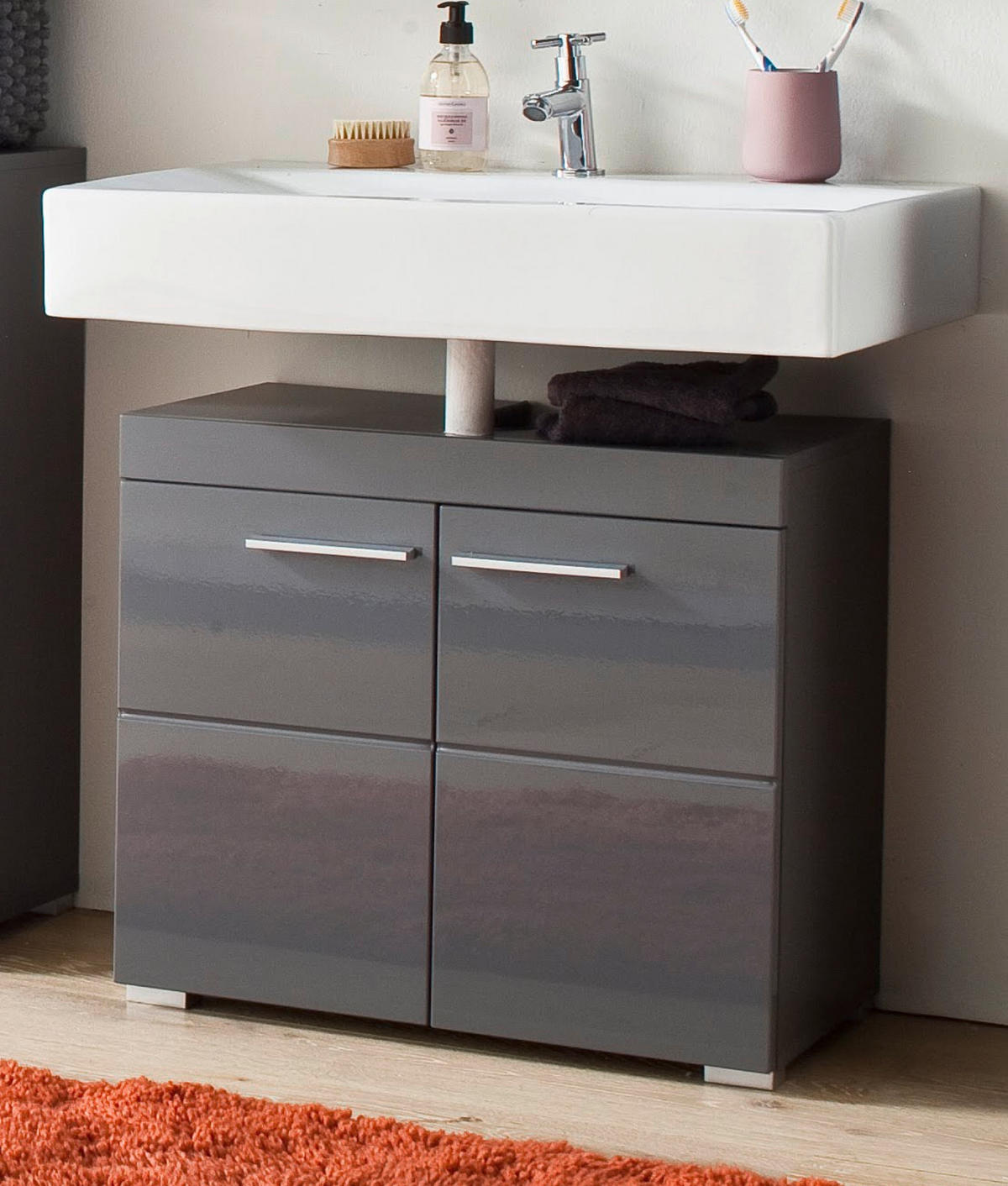 WASCHBECKENUNTERSCHRANK grau Hochglanz 60 x 56 cm, Badschrank 2-türig - Grau, Holzwerkstoff/Kunststoff (60/56/34cm) - Top.Furn
