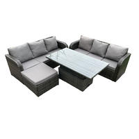 GARTENSOFA-SET HÖHENVERSTELLBARER ESSTISCH Polyrattan 7-Sitzer - Dunkelgrau/Grau, Glas/Kunststoff - Fimous