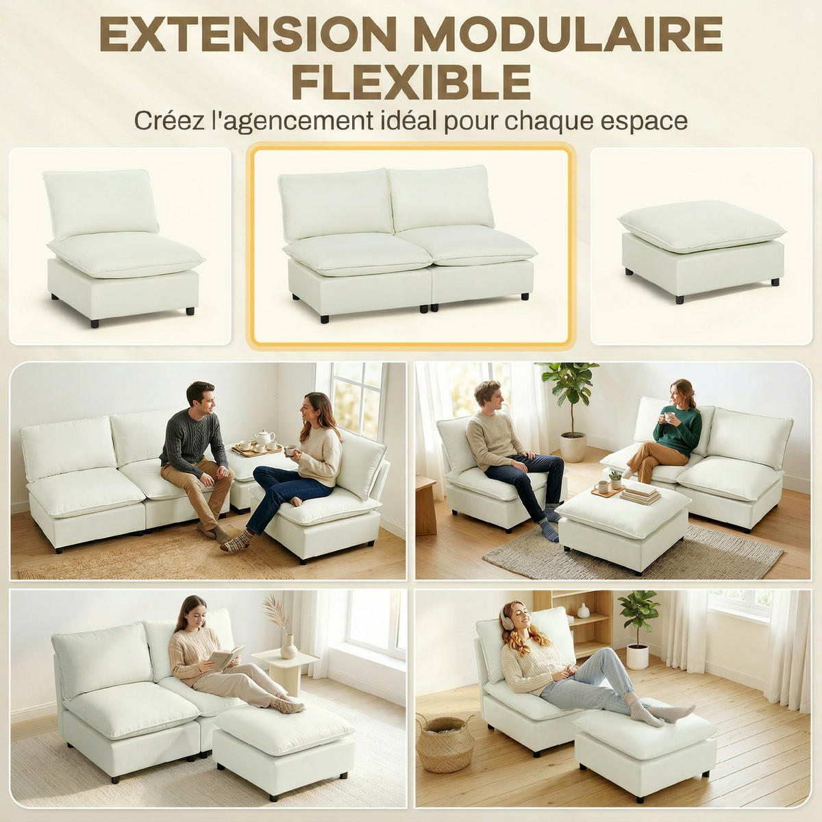 SOFA, 2-Sitzer, modular, ohne Armlehnen, cremefarben, 146cm - Multicolor, Holzwerkstoff (146/78/85cm) - FORIOUS